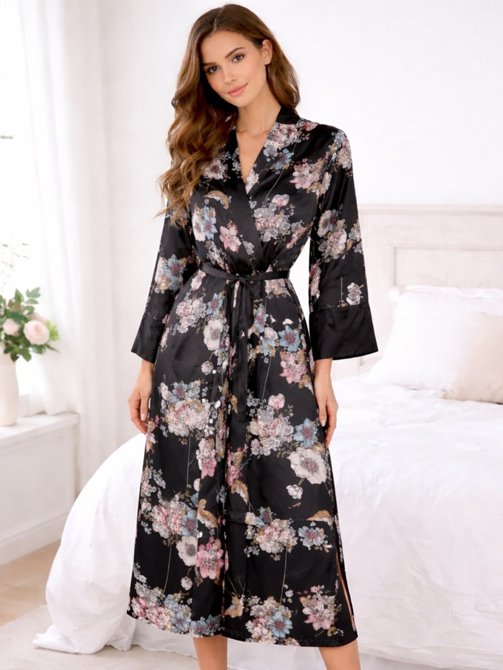 Midnight Bakery Black Floral Kimono/Robe Size S
